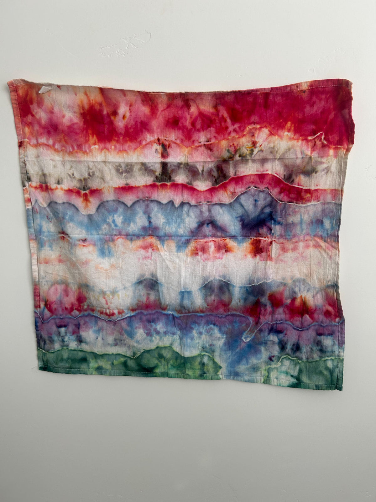 Hand-Dyed Striped Ice-Dye Kitchen Towel – Sunset Reds, Sky Blues & Forest Greens | One of a Kind Cotton Towel