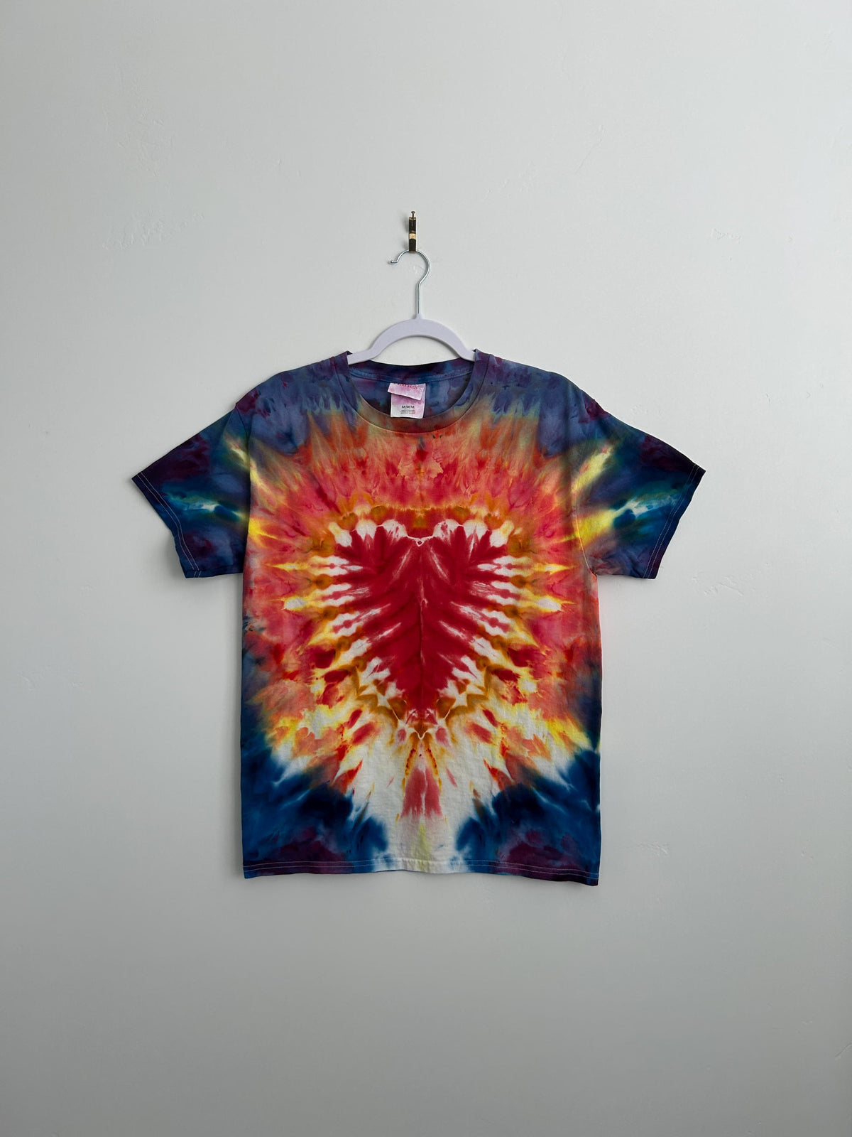 Rainbow Heart Tie Dye Shirt – Size Medium – Hand Dyed Cotton Tee with Red Heart Burst