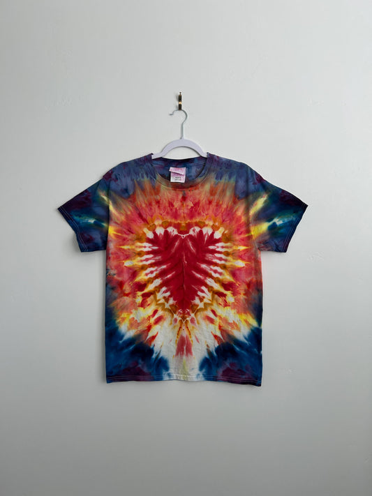 Rainbow Heart Tie Dye Shirt – Size Medium – Hand Dyed Cotton Tee with Red Heart Burst