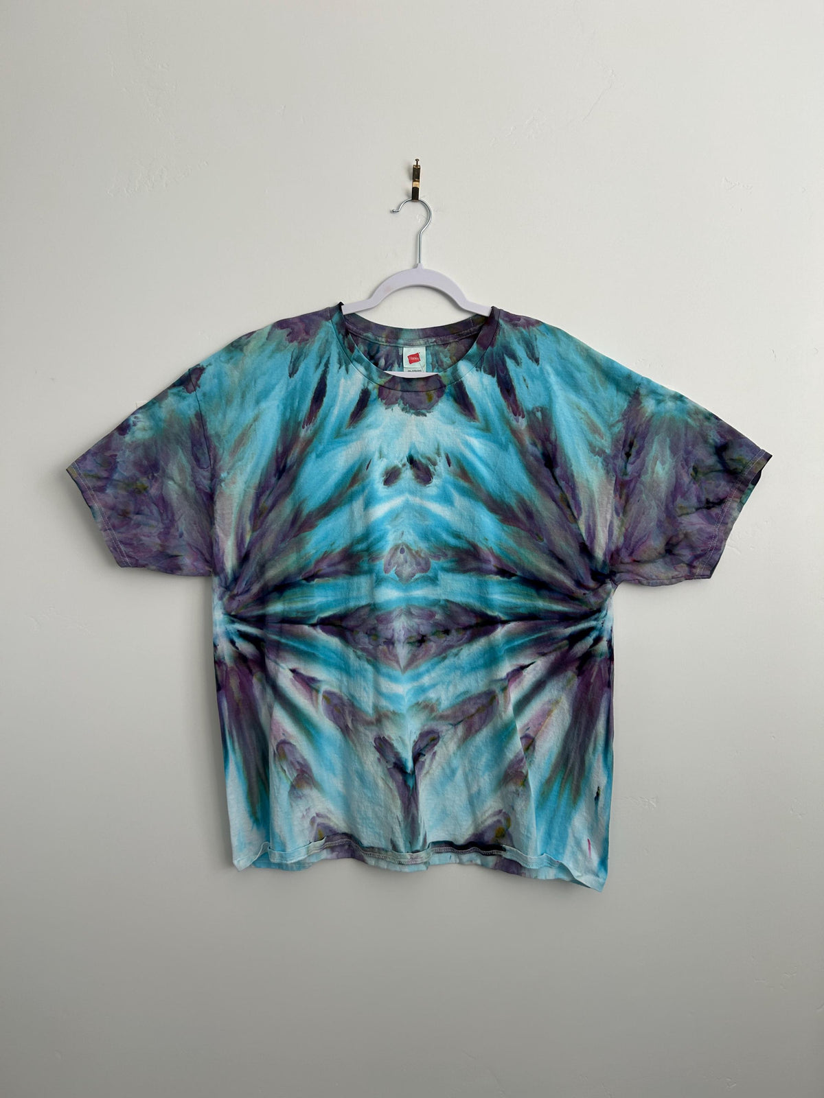 Teal & Purple Ice Dye Shirt – Size 2X – Hand Dyed Mirrored Pattern Cotton Tee