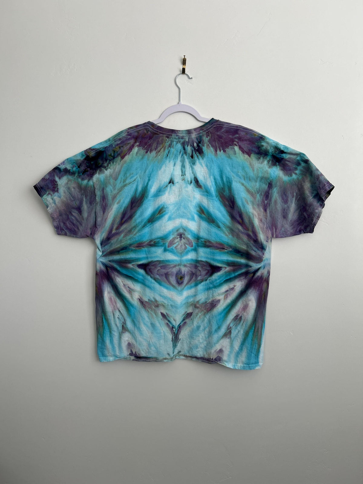 Teal & Purple Ice Dye Shirt – Size 2X – Hand Dyed Mirrored Pattern Cotton Tee