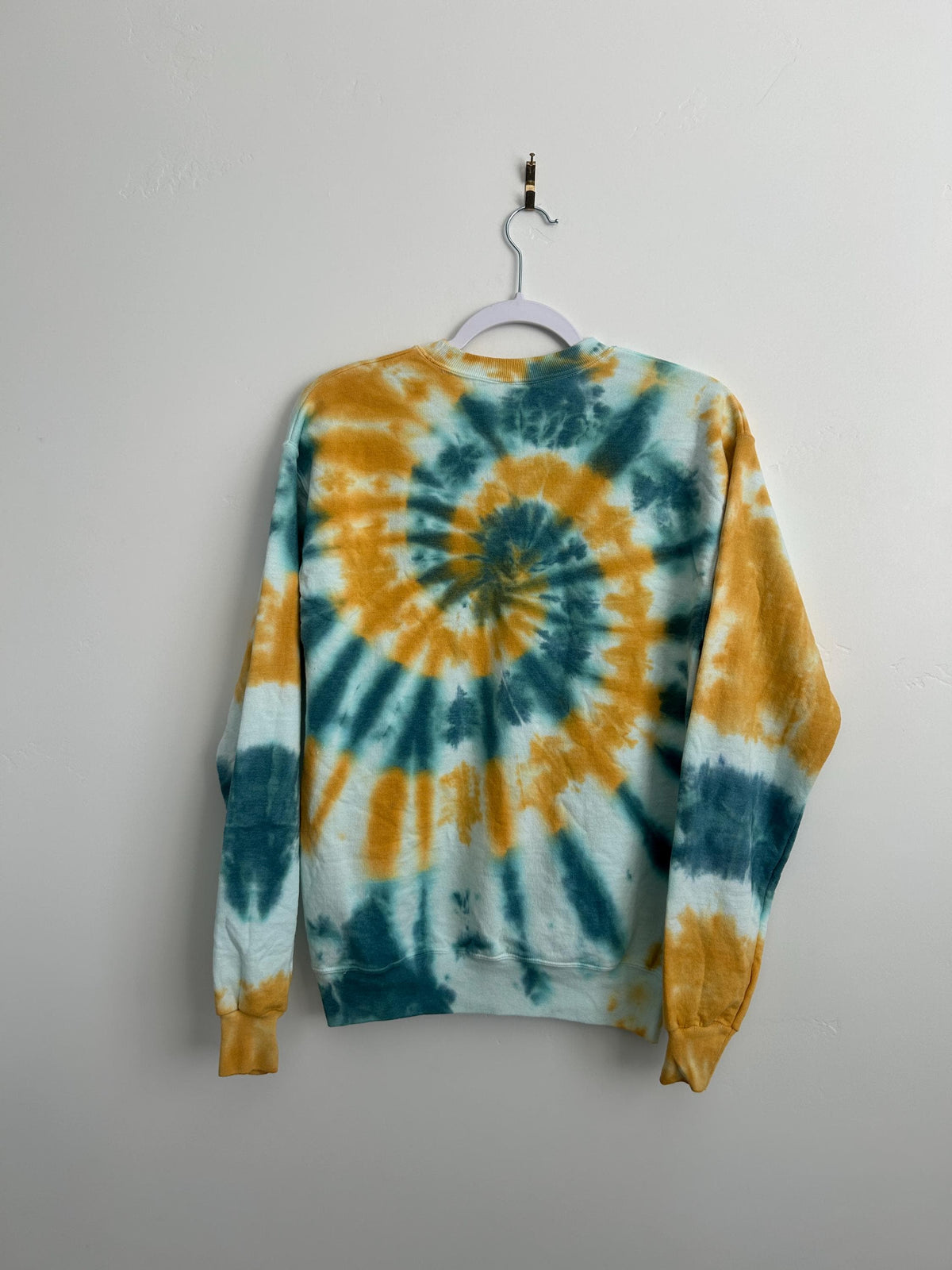 Teal & Golden Yellow Tie Dye Sweatshirt – Size Small – Hand Dyed Spiral Crewneck