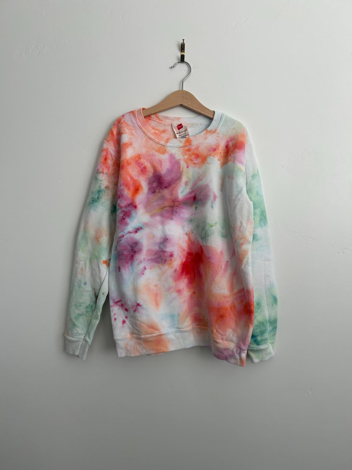 Pastel Watercolor Tie Dye Sweatshirt – Youth Large – Hand Dyed Soft Rainbow Crewneck