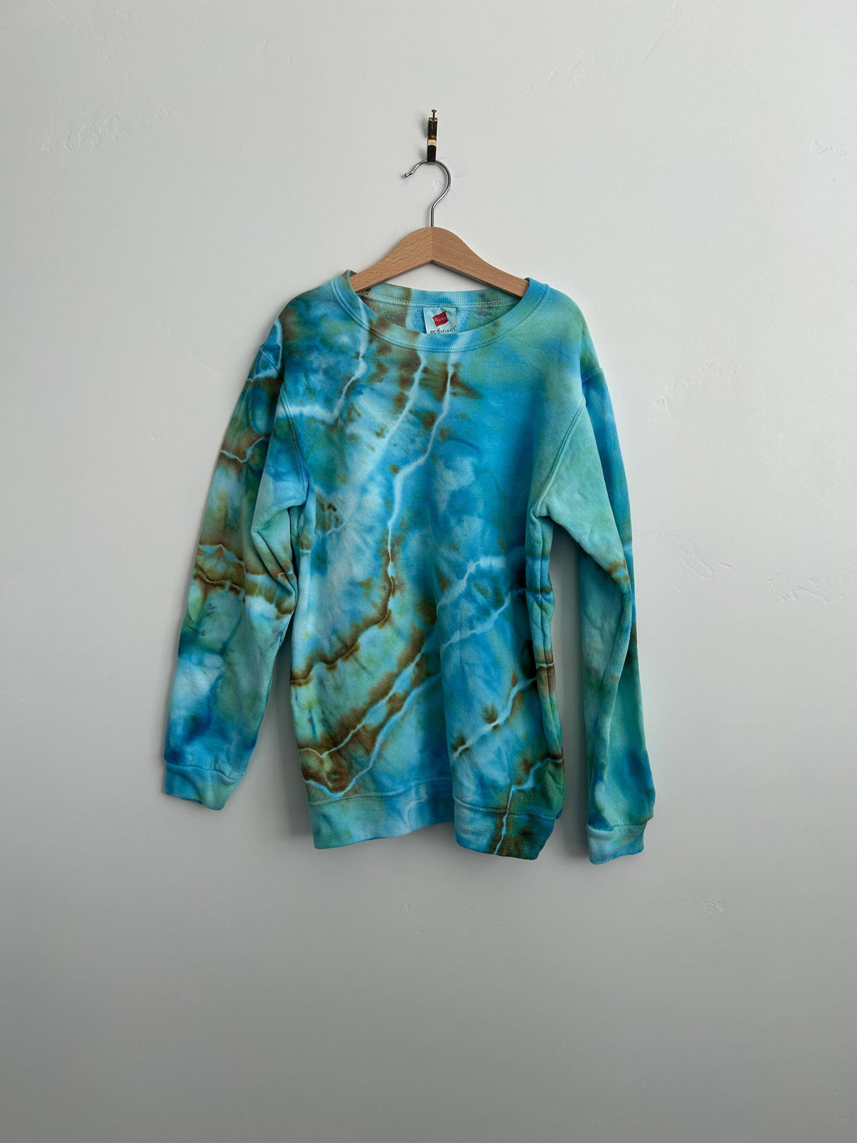 Youth Large Tie Dye Sweatshirt – Hand Dyed Ice Dye Sweater in Aqua & Earthy Browns – One-of-a-Kind Kids Pullover