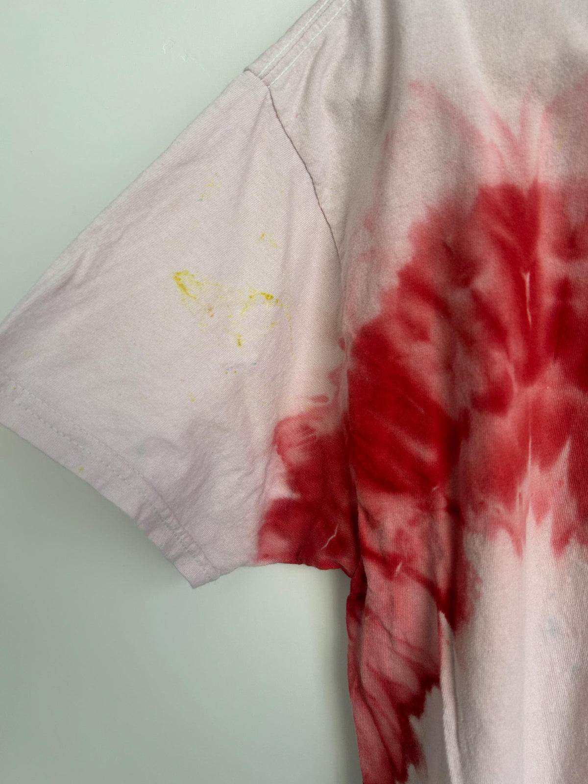 Reduced Price – Medium Red Diagonal Tie Dye Shirt – One-of-a-Kind Design (Minor Dye Splatter)