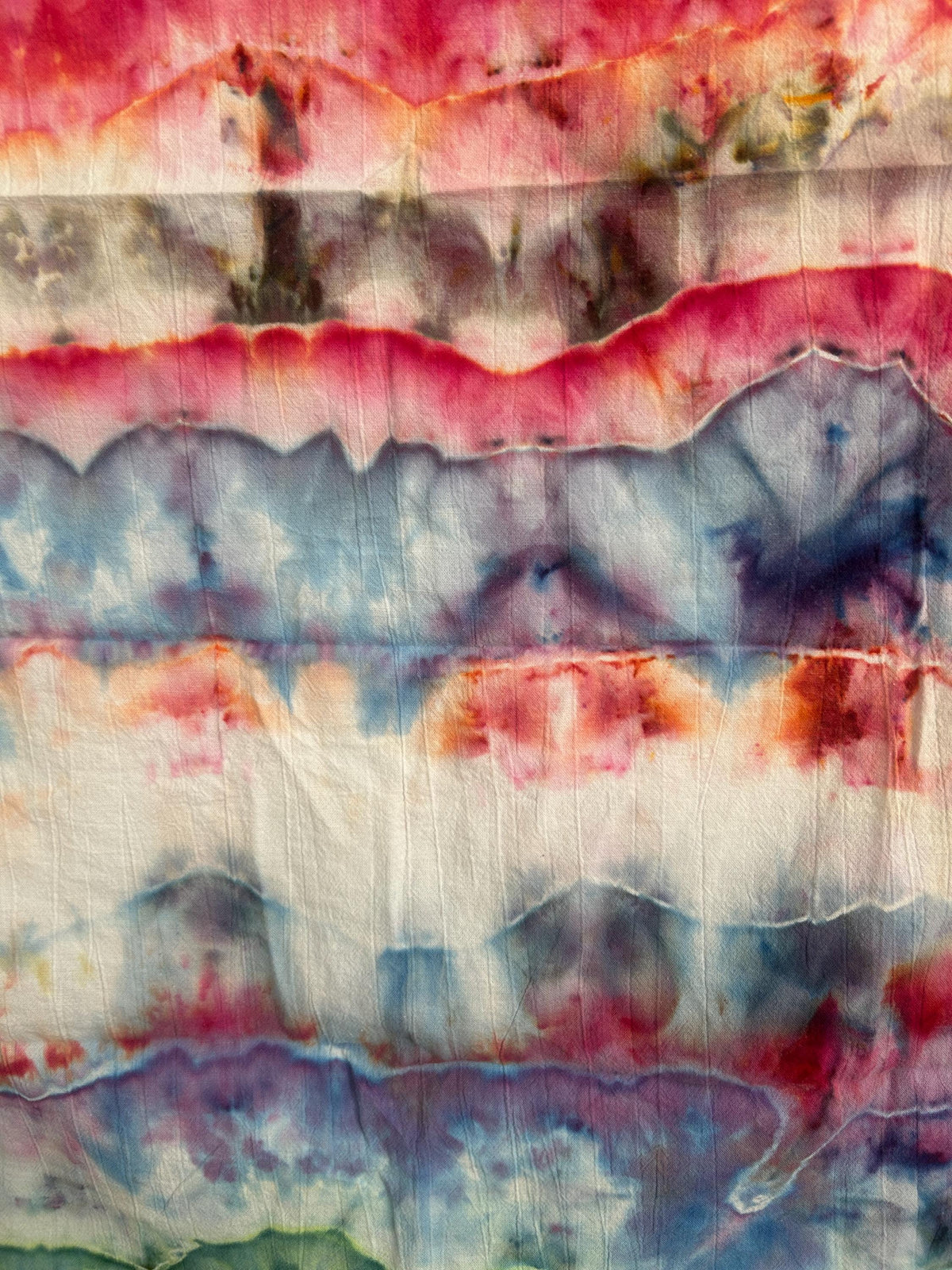 Hand-Dyed Striped Ice-Dye Kitchen Towel – Sunset Reds, Sky Blues & Forest Greens | One of a Kind Cotton Towel