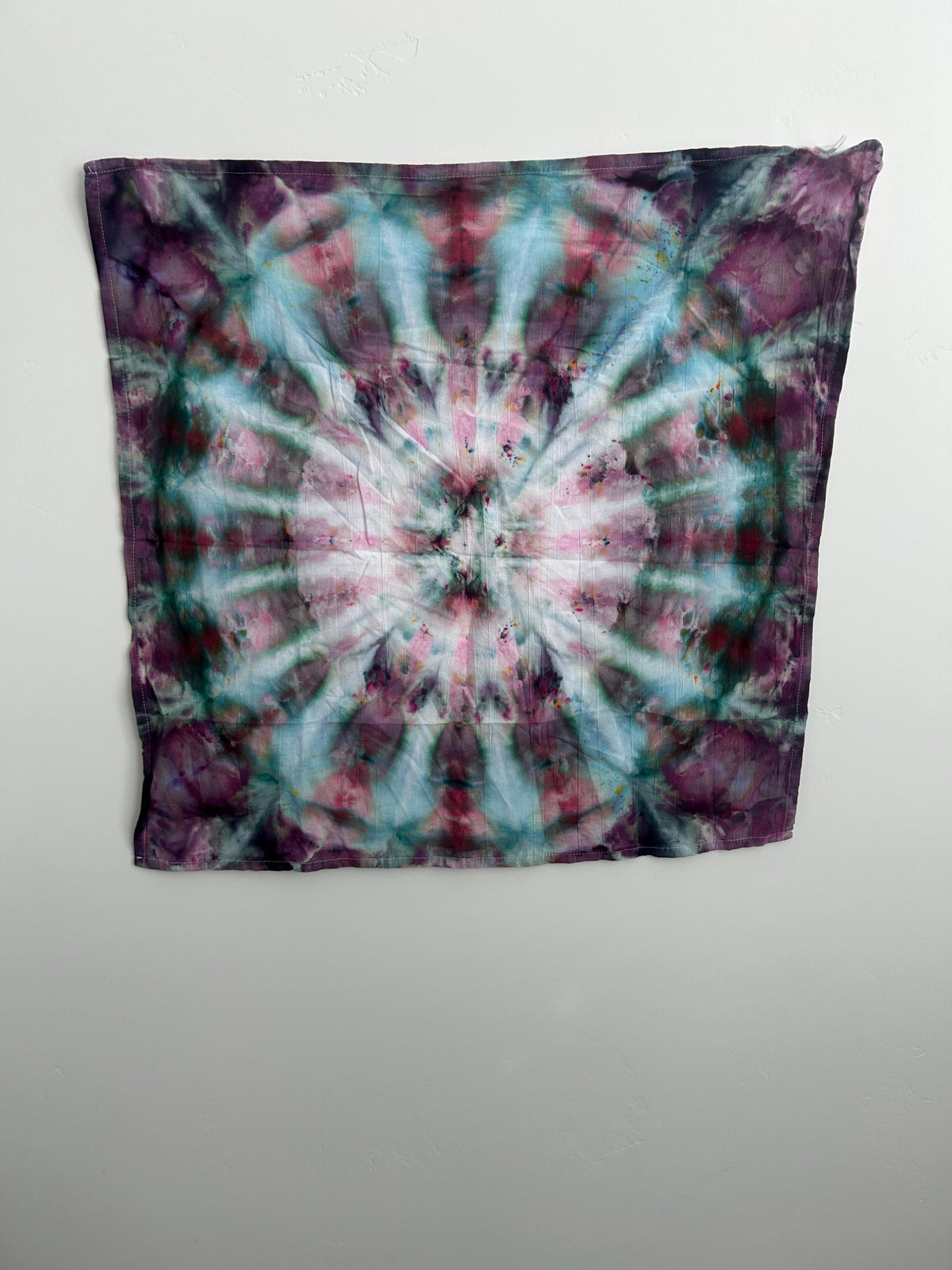 Hand-Dyed Kaleidoscope Ice-Dye Kitchen Towel – Purple, Teal, Rose & Mint Burst | One of a Kind Cotton Towel