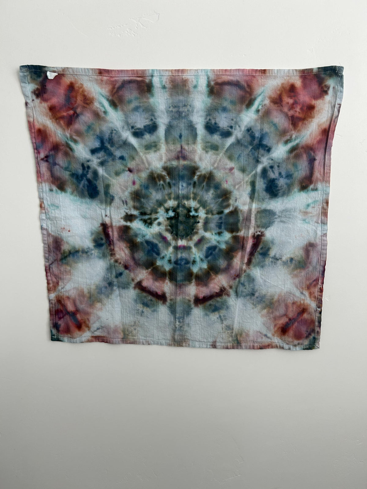 Hand-Dyed Ice Dye Flour Sack Towel – Soft Mandala in Blues, Greens, and Rose Tones