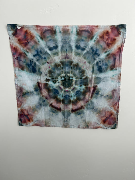 Hand-Dyed Ice Dye Flour Sack Towel – Soft Mandala in Blues, Greens, and Rose Tones