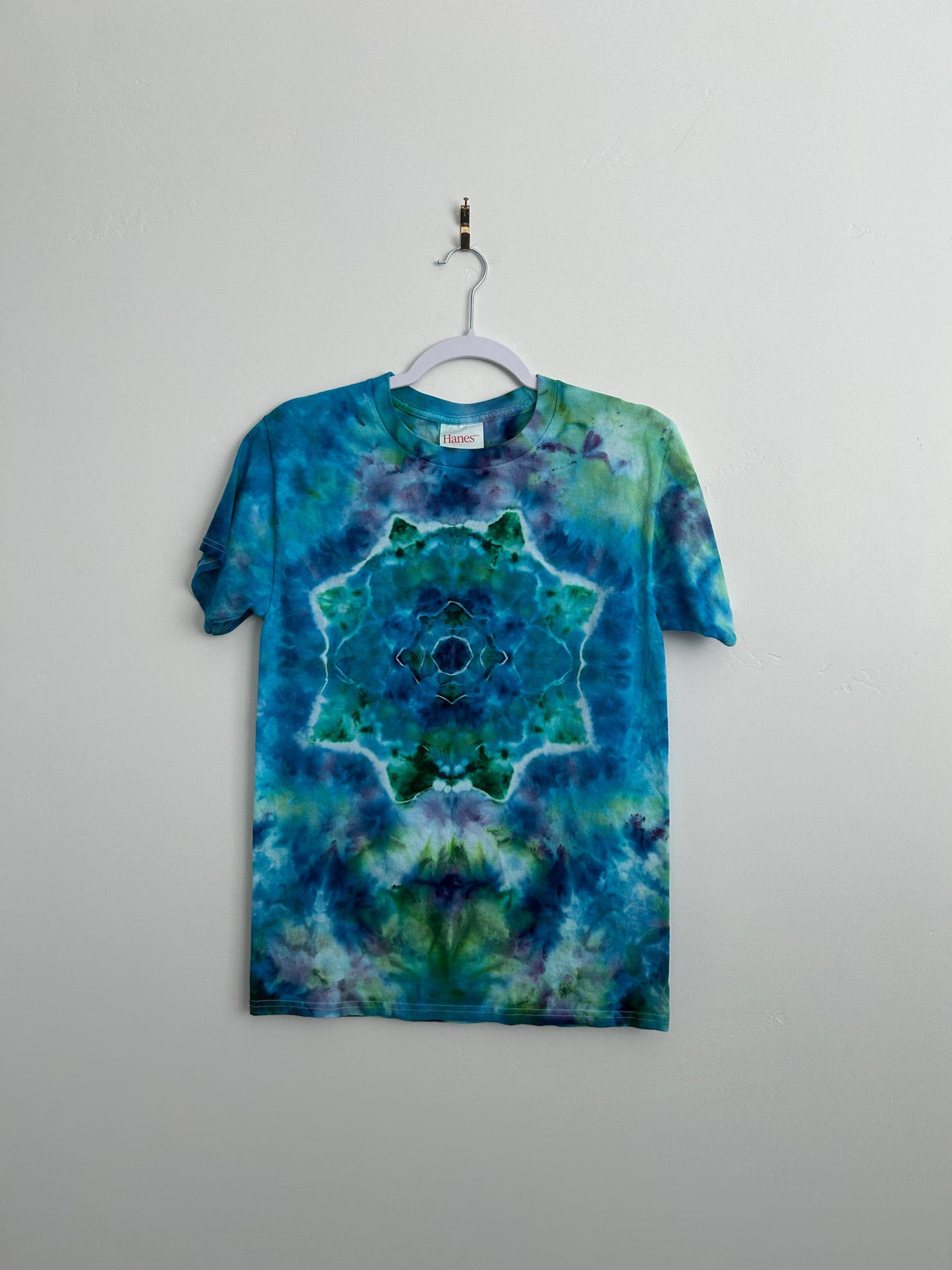 Blue & Green Ice Dye T-Shirt – Unisex Small – Hand Dyed Ocean Pattern Cotton Tee