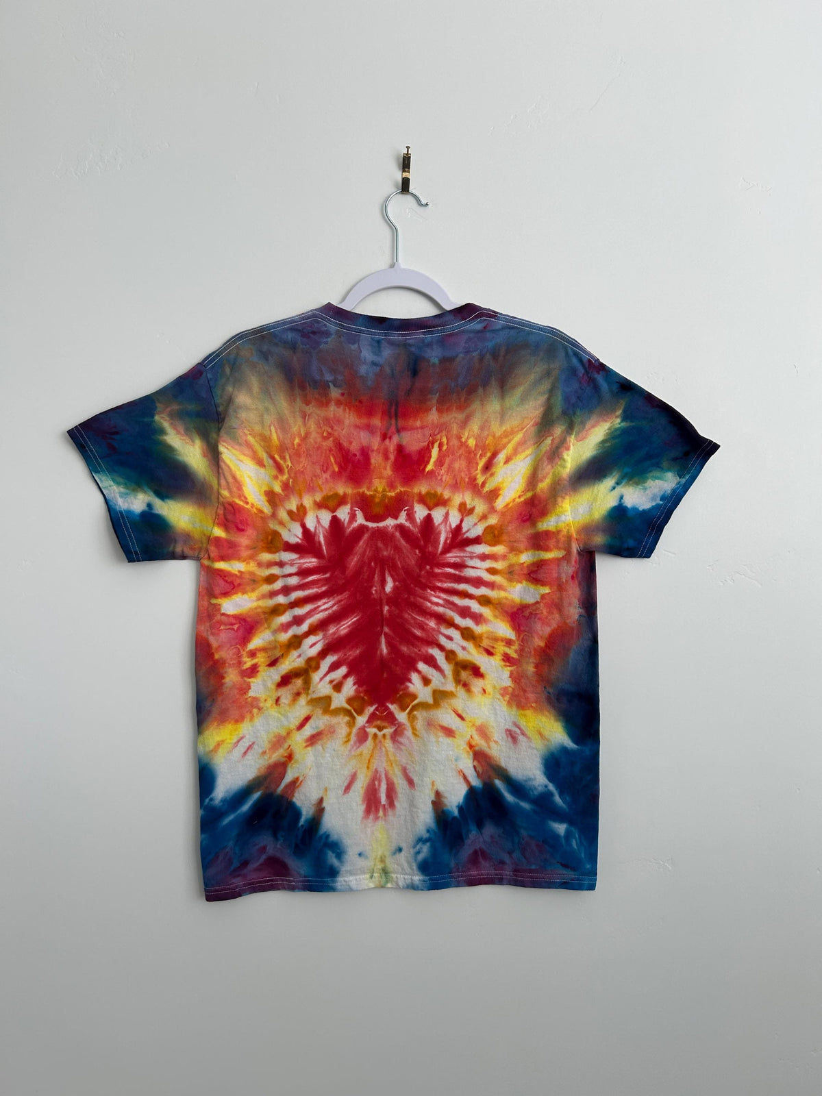 Rainbow Heart Tie Dye Shirt – Size Medium – Hand Dyed Cotton Tee with Red Heart Burst