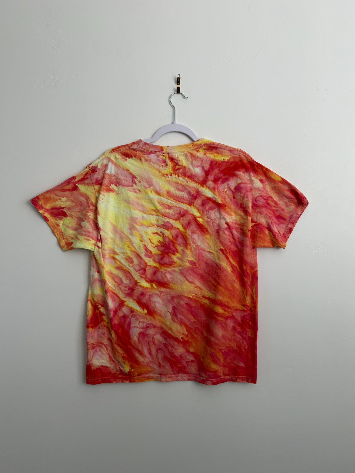 Red & Yellow Ice Dye T-Shirt – Size Large – Hand Dyed Fire Swirl Cotton Tee