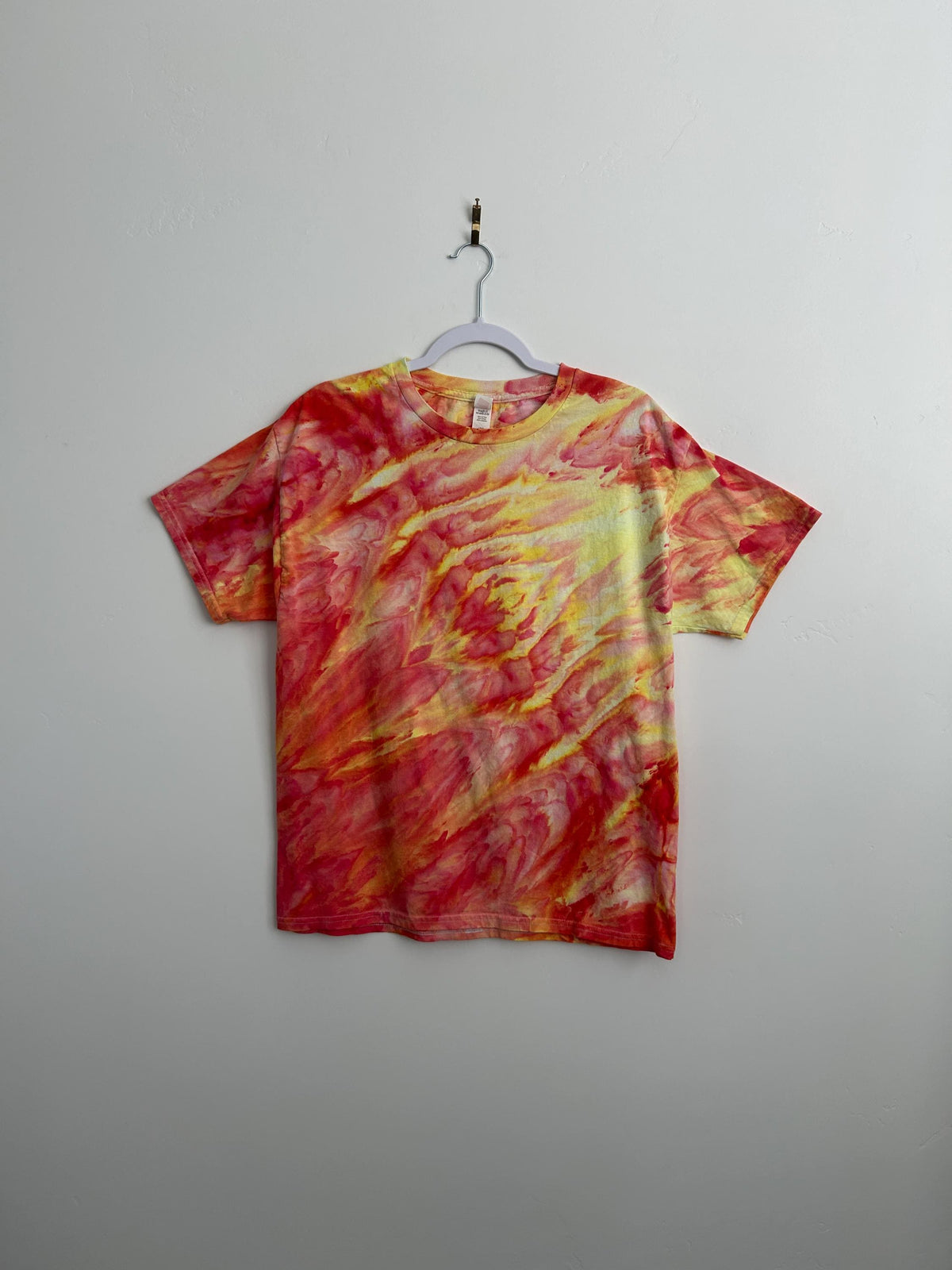 Red & Yellow Ice Dye T-Shirt – Size Large – Hand Dyed Fire Swirl Cotton Tee