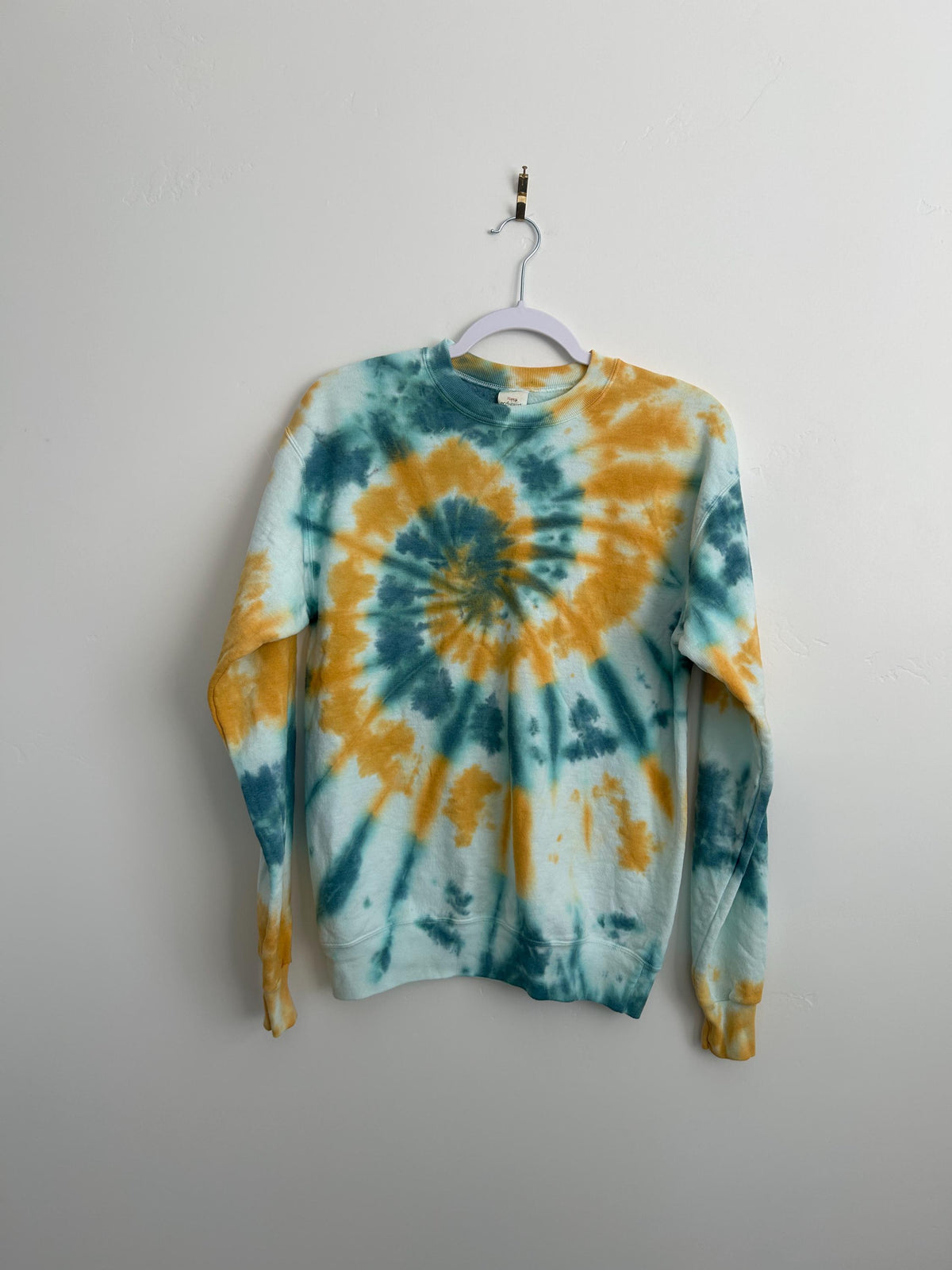 Teal & Golden Yellow Tie Dye Sweatshirt – Size Small – Hand Dyed Spiral Crewneck