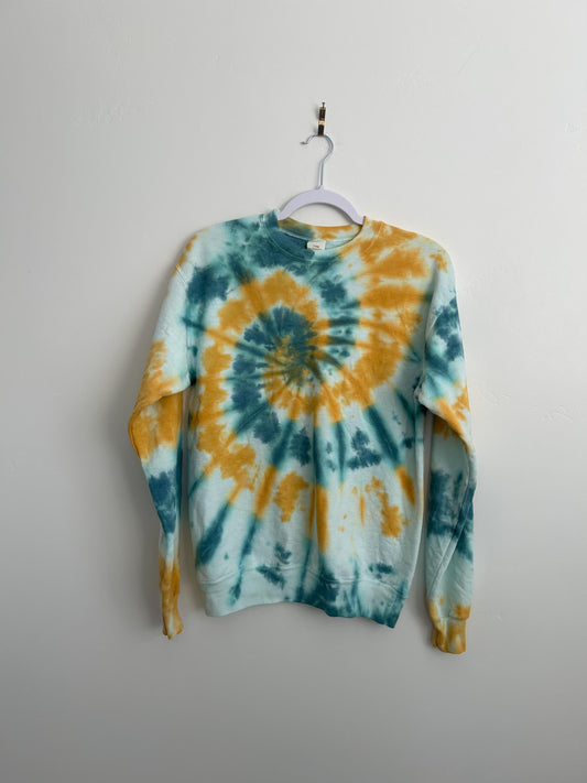 Teal & Golden Yellow Tie Dye Sweatshirt – Size Small – Hand Dyed Spiral Crewneck
