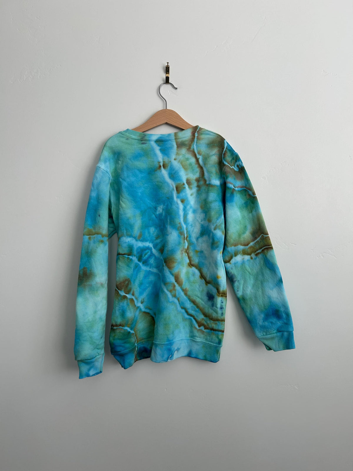 Youth Large Tie Dye Sweatshirt – Hand Dyed Ice Dye Sweater in Aqua & Earthy Browns – One-of-a-Kind Kids Pullover
