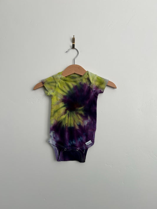 0–3M Tie Dye Baby Onesie – Handmade Spiral Tie Dye Bodysuit in Purple & Lime – Gerber Brand – One of a Kind