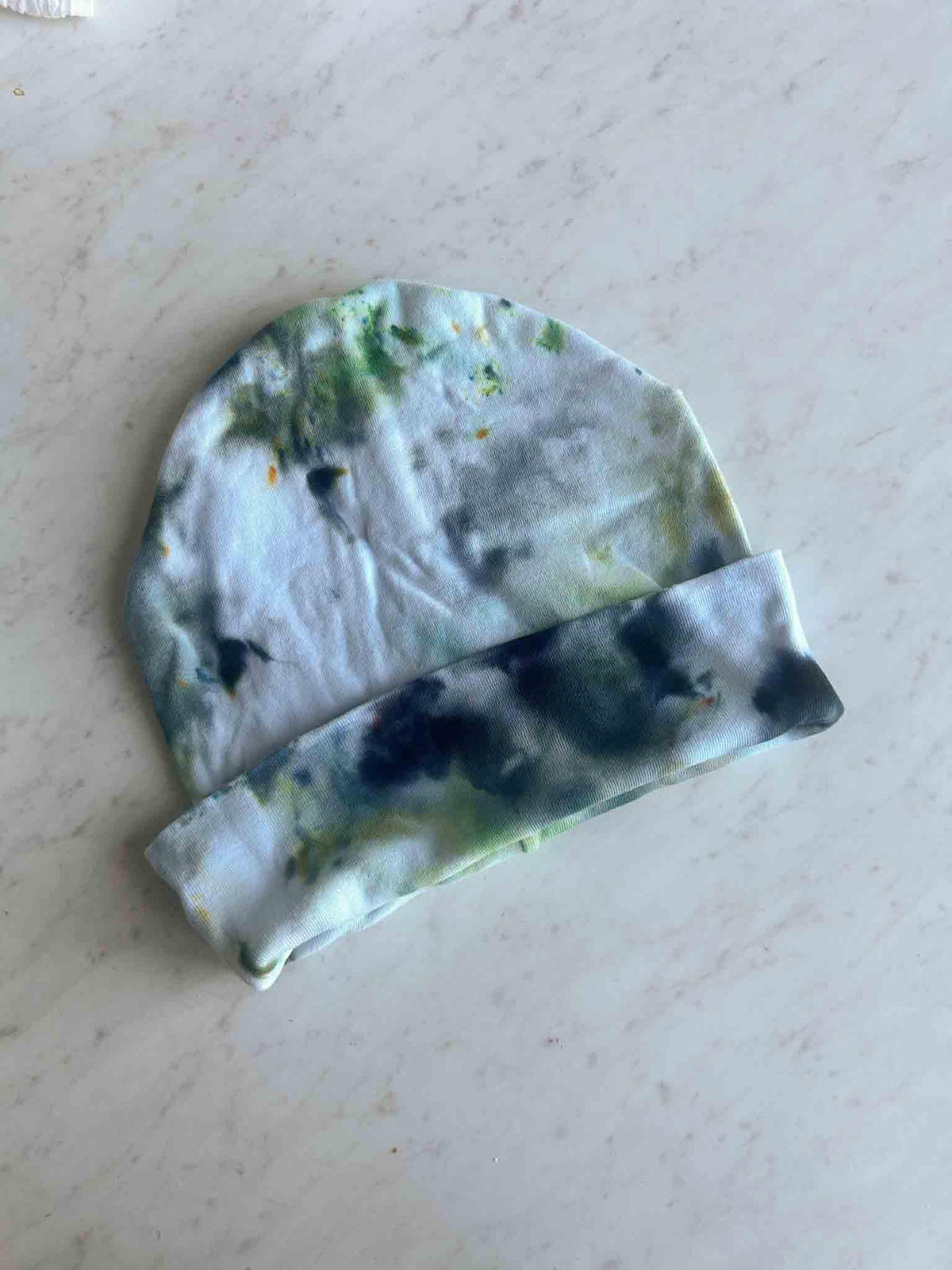 Tie Dye Beanie – Soft Green & Gray Ice Dye – Handmade Knit Hat