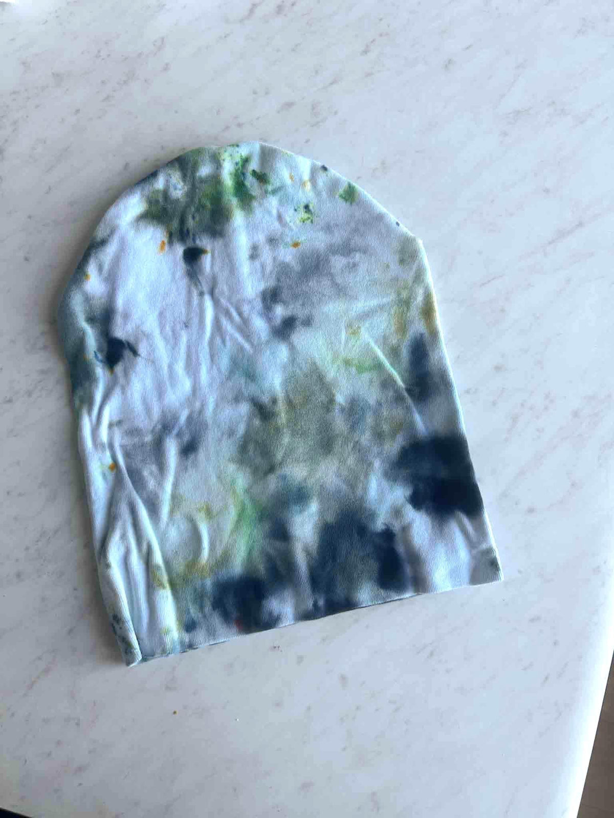 Tie Dye Beanie – Soft Green & Gray Ice Dye – Handmade Knit Hat