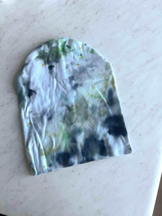 Tie Dye Beanie – Soft Green & Gray Ice Dye – Handmade Knit Hat