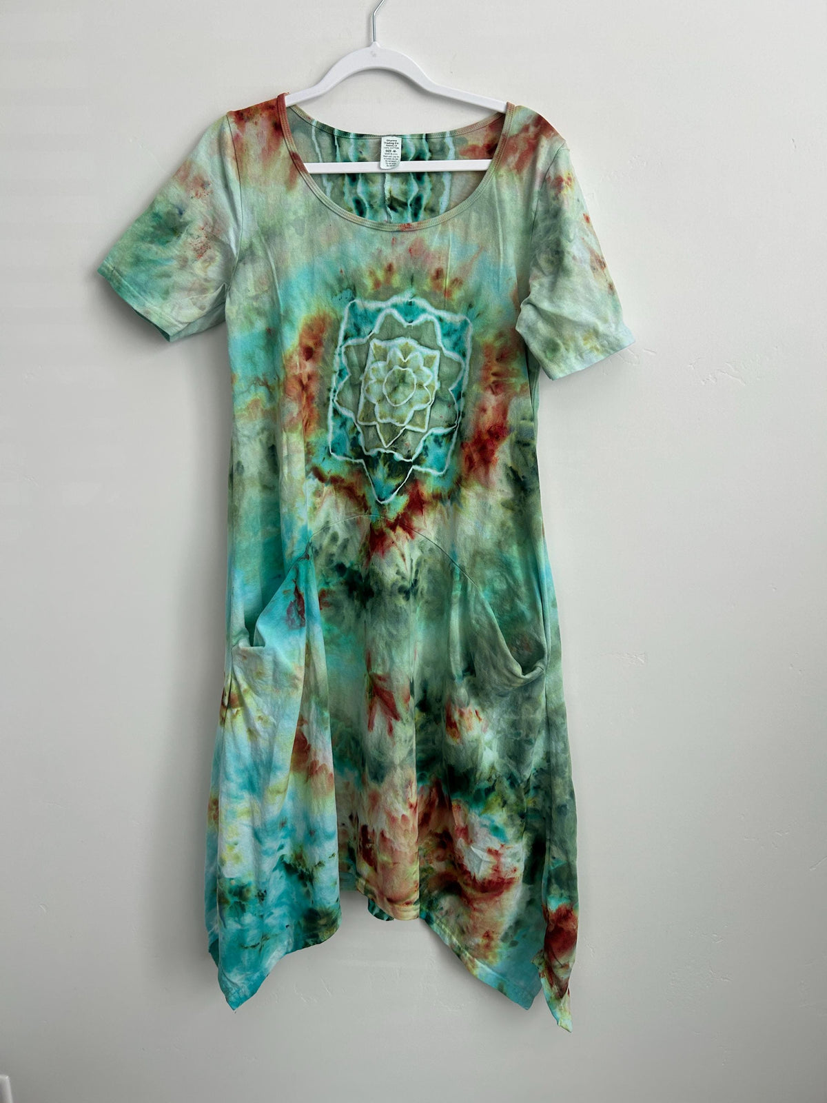 Hand dyed mandala ice dye dress in teal green and rust – earthy cotton dress with pockets on hanger – one of a kind wearable art size medium