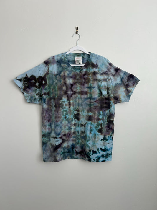 Hand dyed ice dye tie dye shirt size XL featuring blue brown purple earth tone pattern on cotton Hanes shirt front view