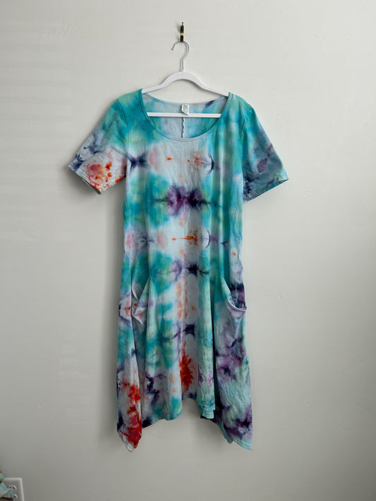 Hand dyed ice dye dress in teal purple and coral – flowy cotton dress with pockets on hanger – one of a kind wearable art size large