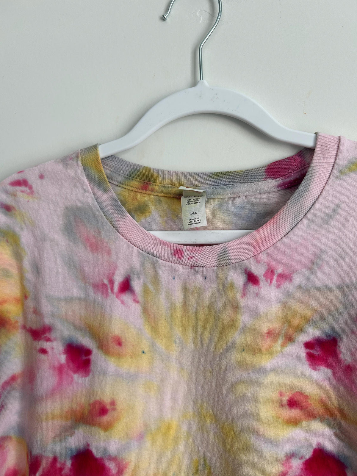Hanes 100% cotton label, size L, hand-dyed into a one-of-a-kind mirrored ice dye tee by Practical and Pretty artisan studio.