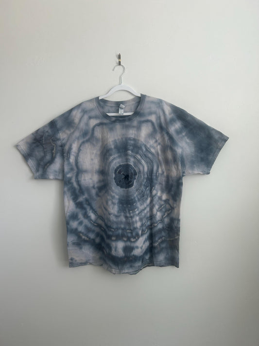 Hand dyed ice dye geode t-shirt in slate gray and white, Hanes 2XL, front view