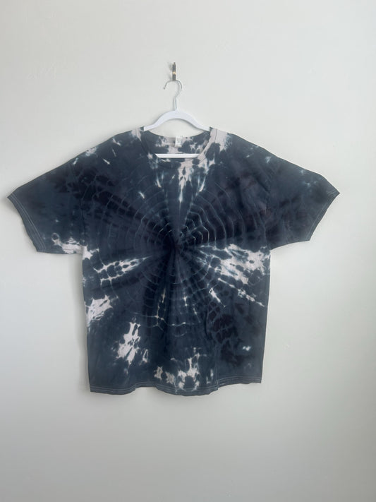 Hand dyed bullseye tie dye t-shirt in black and white, Hanes 2XL, front view