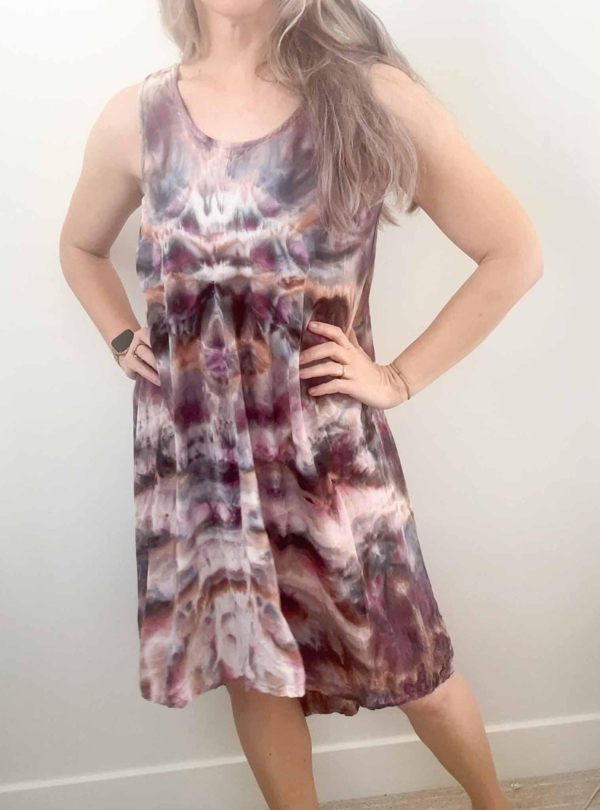 Ice dye hi-lo rayon dress in plum and rust, front view on 5'7" size medium model