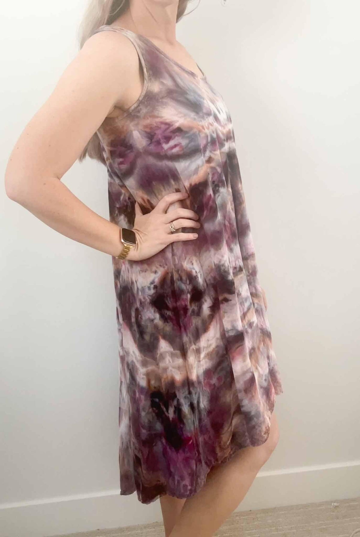 Ice dye hi-lo rayon dress in plum and rust, side view showing drape and silhouette