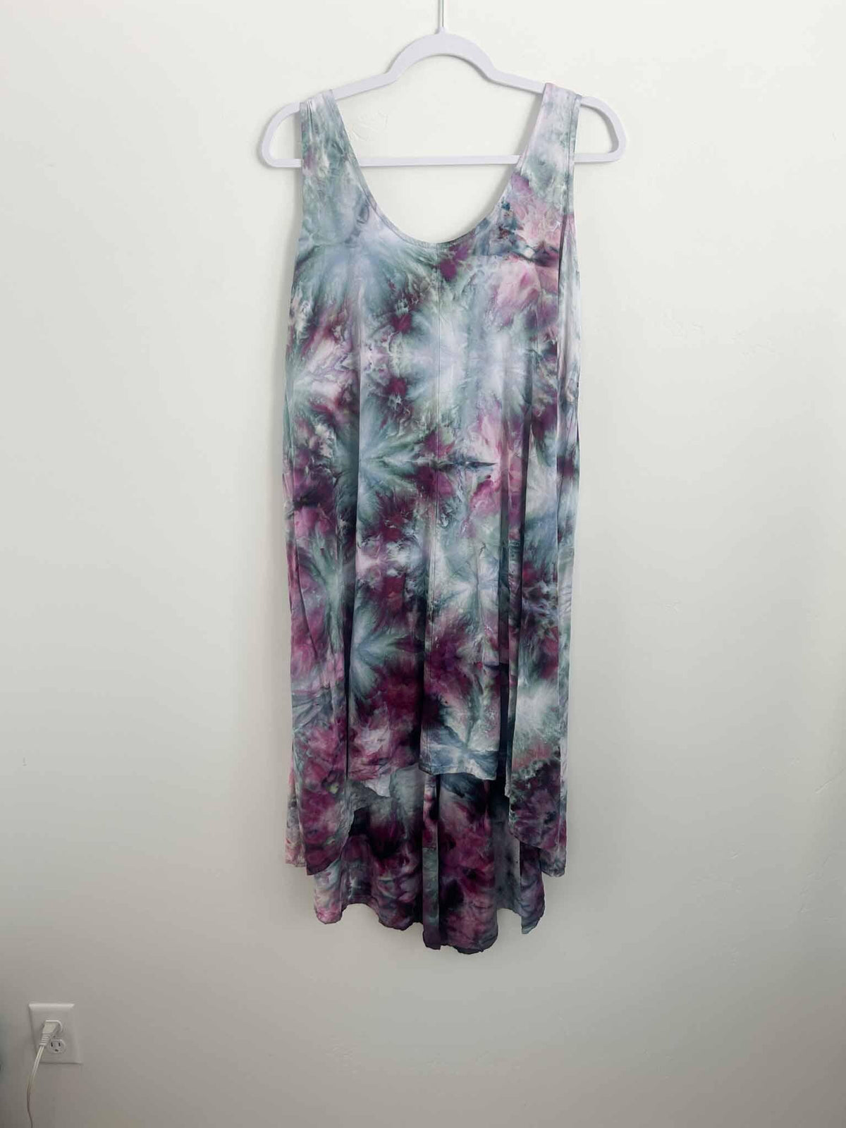 Ice dye hi-lo rayon dress in purple and teal, full back view showing hi-lo hem