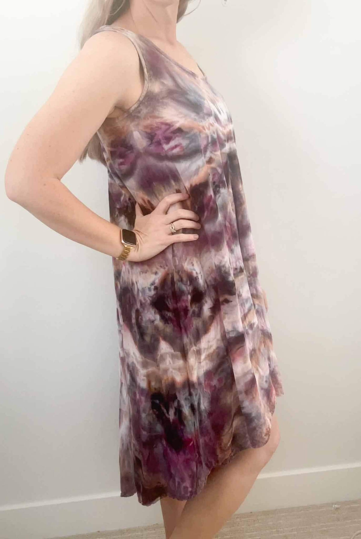Dharma Trading Co. rayon hi-lo dress fit reference, side view showing drape and silhouette