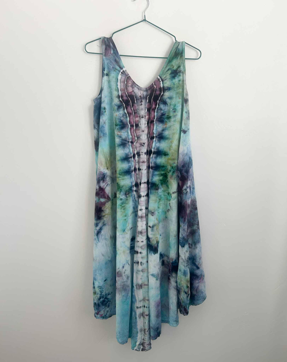 Ice dye hi-lo rayon dress in plum and teal, full back view showing hi-lo hem
