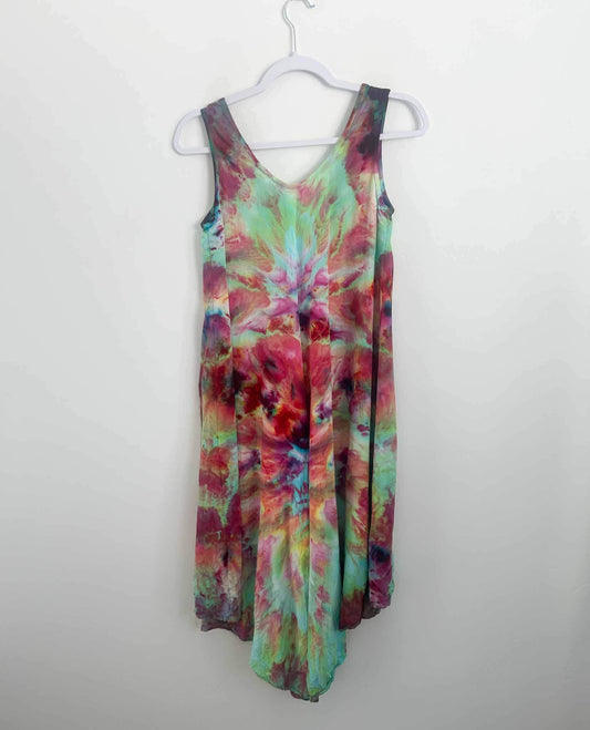 Rainbow ice dye deity roll rayon hi-lo dress in pink and mint, full front view on hanger