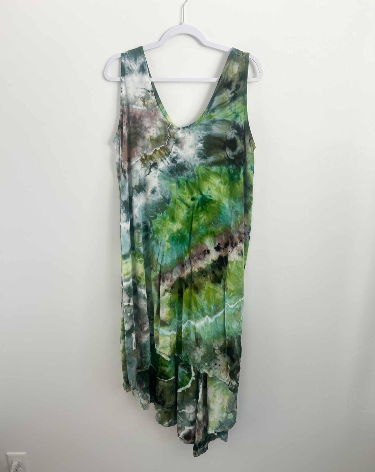 Green malachite geode ice dye rayon hi-lo dress, full front view on hanger