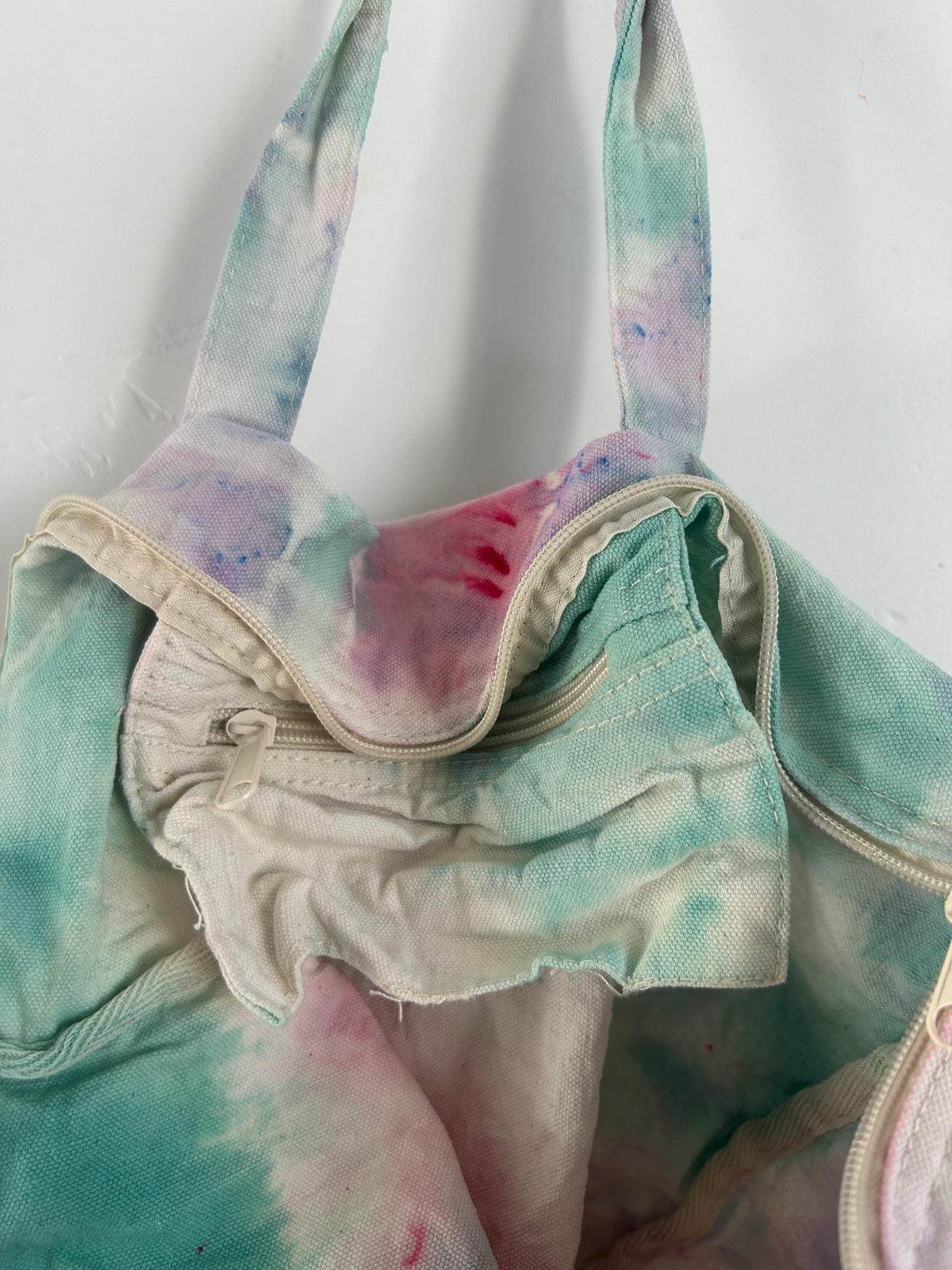 Pastel Tie Dye Tote Bag | Ice Dyed Canvas Zipper Tote | Hand Dyed Seafoam Lavender Pink | Boho Beach Bag
