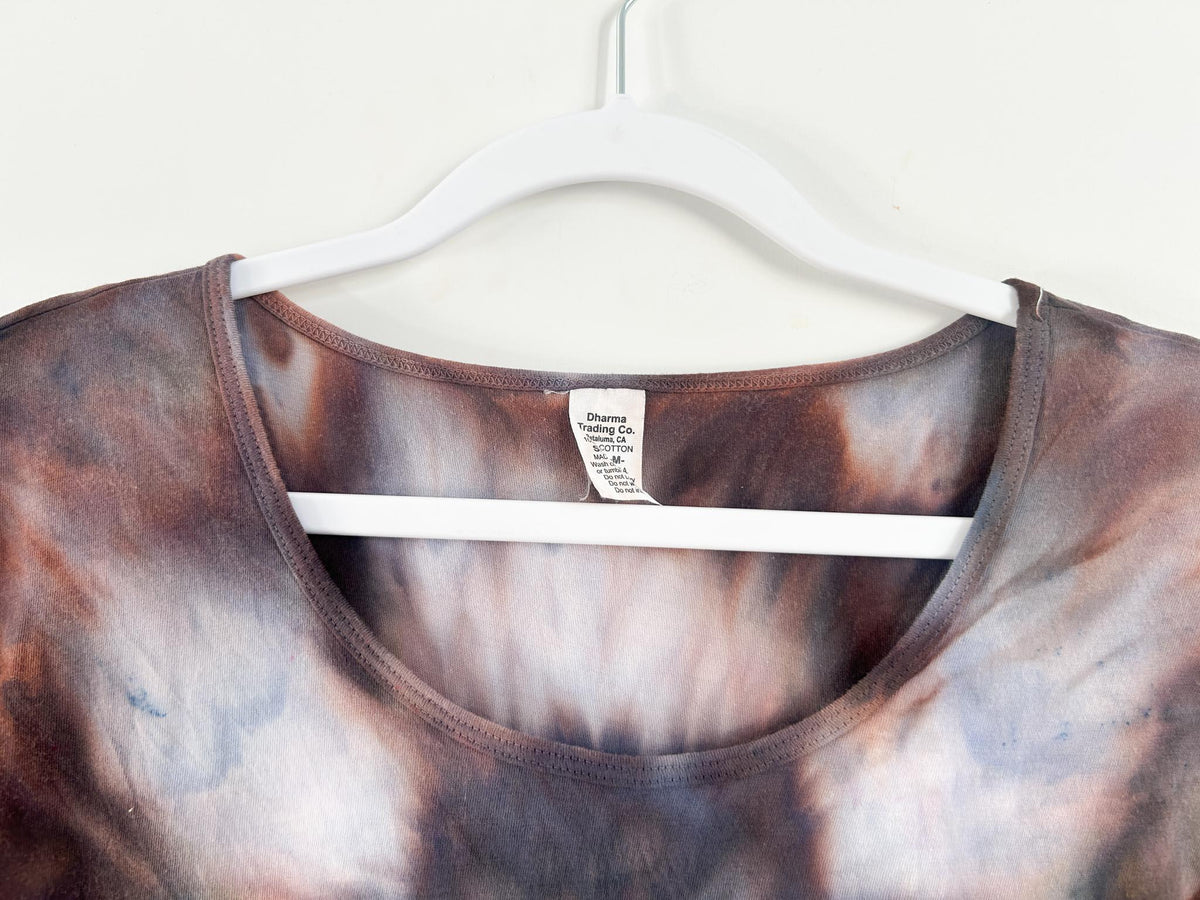 Dharma Trading Co. cotton tag on rust and charcoal tie dye dress neckline