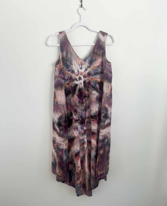 Ice dye hi-lo rayon dress in moody plum and grey, full front view on hanger