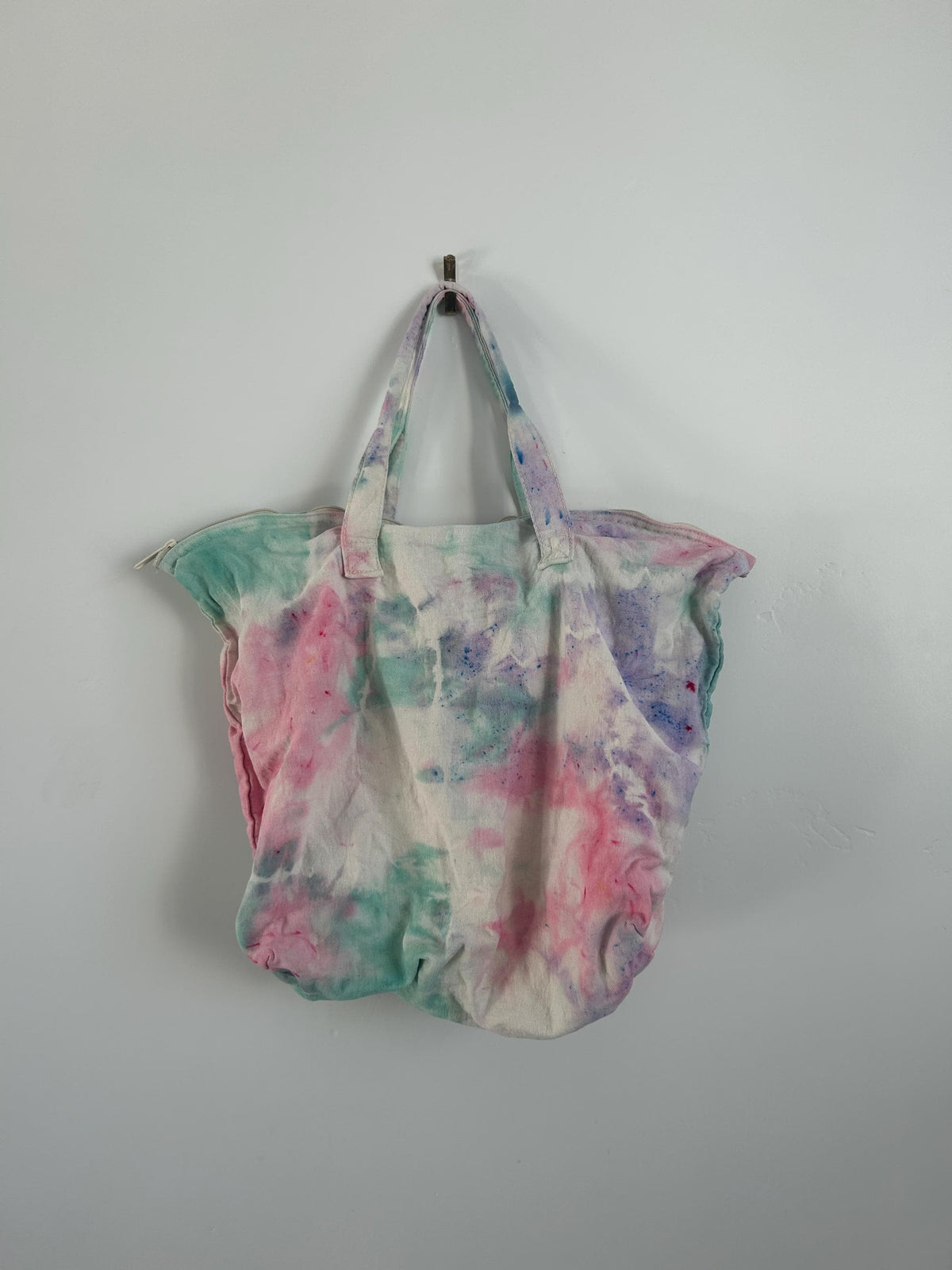 Pastel Tie Dye Tote Bag | Ice Dyed Canvas Zipper Tote | Hand Dyed Seafoam Lavender Pink | Boho Beach Bag