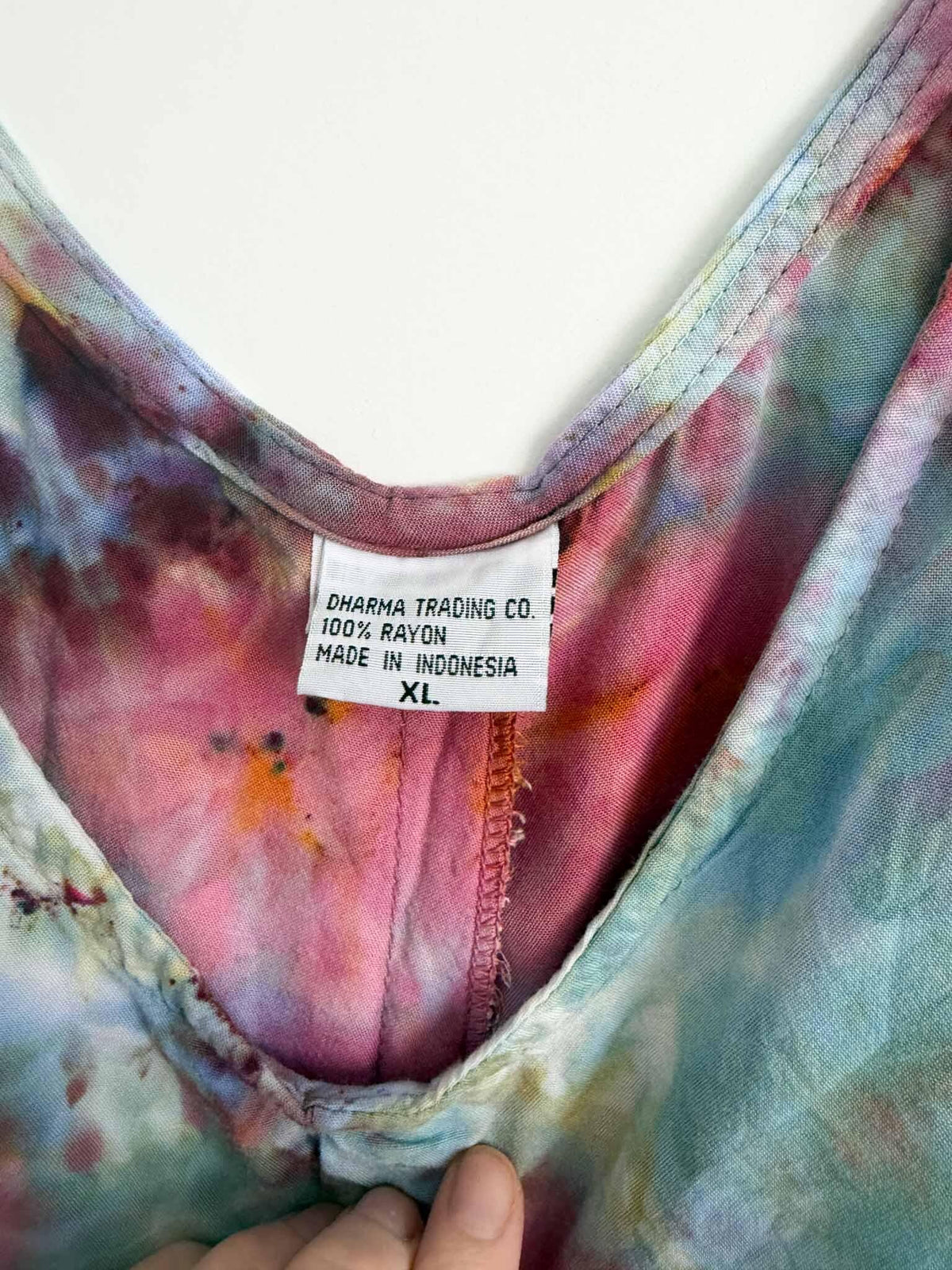 Dharma Trading Co. size XL rayon garment tag on tie dye dress
