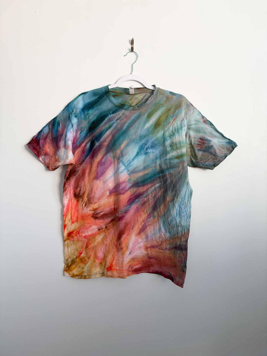 L sunset fern fold ice dye tie dye tee hanging, front view, handmade one of a kind