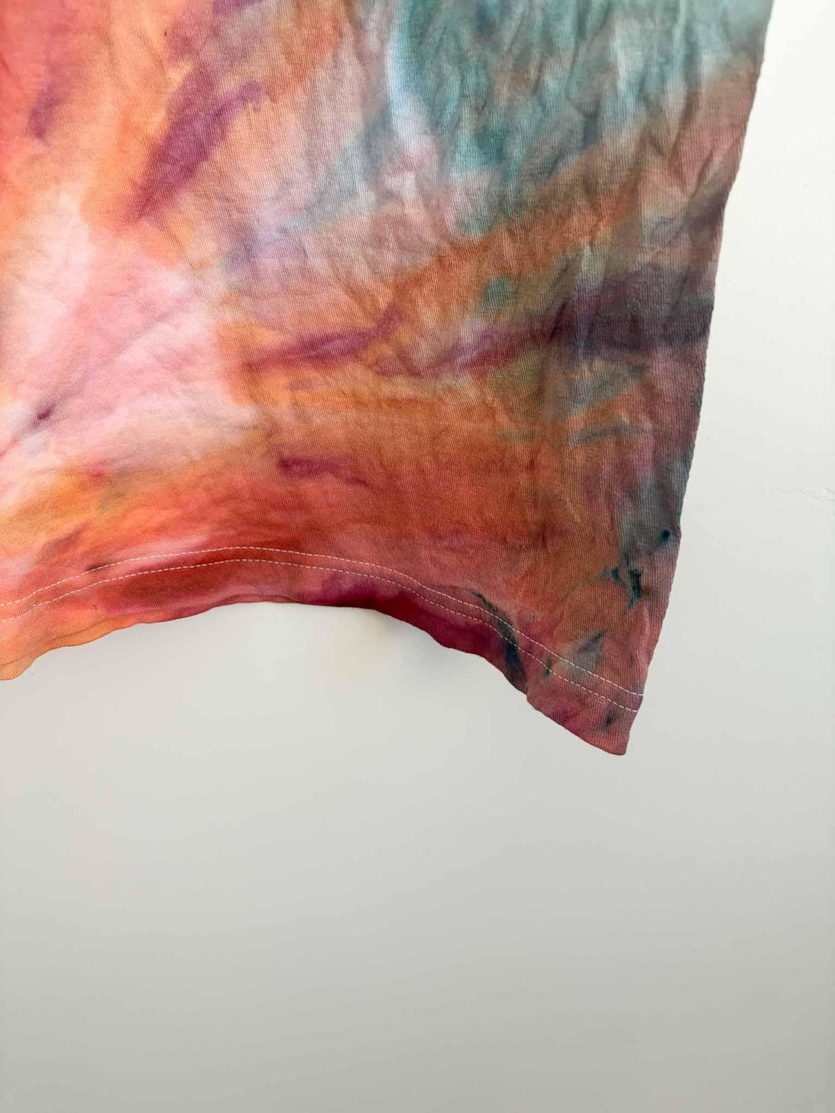L Sunset Tie Dye Shirt | Fern Fold Ice Dyed Tee | Teal Coral Purple Tie Dye | Handmade One of a Kind | Practical and Pretty