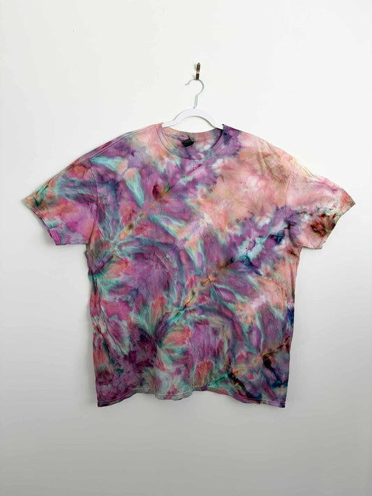 3XL pink and purple fern fold ice dye tie dye tee hanging, back view, handmade one of a kind