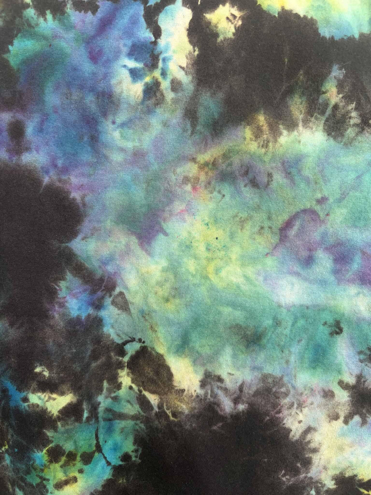 3XL Reverse Tie Dye T-Shirt, Blue Green Purple on Black, Hand Dyed Spine Back Design, Bleach Dye Cotton Tee
