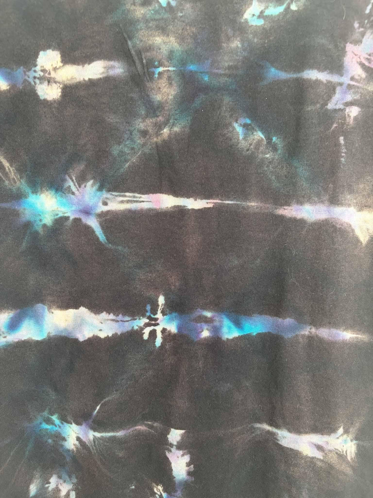 Medium Reverse Tie Dye T-Shirt, Blue Purple Teal on Black, Shibori Stripe Pattern, Gildan Light Cotton Bleach Dye Tee
