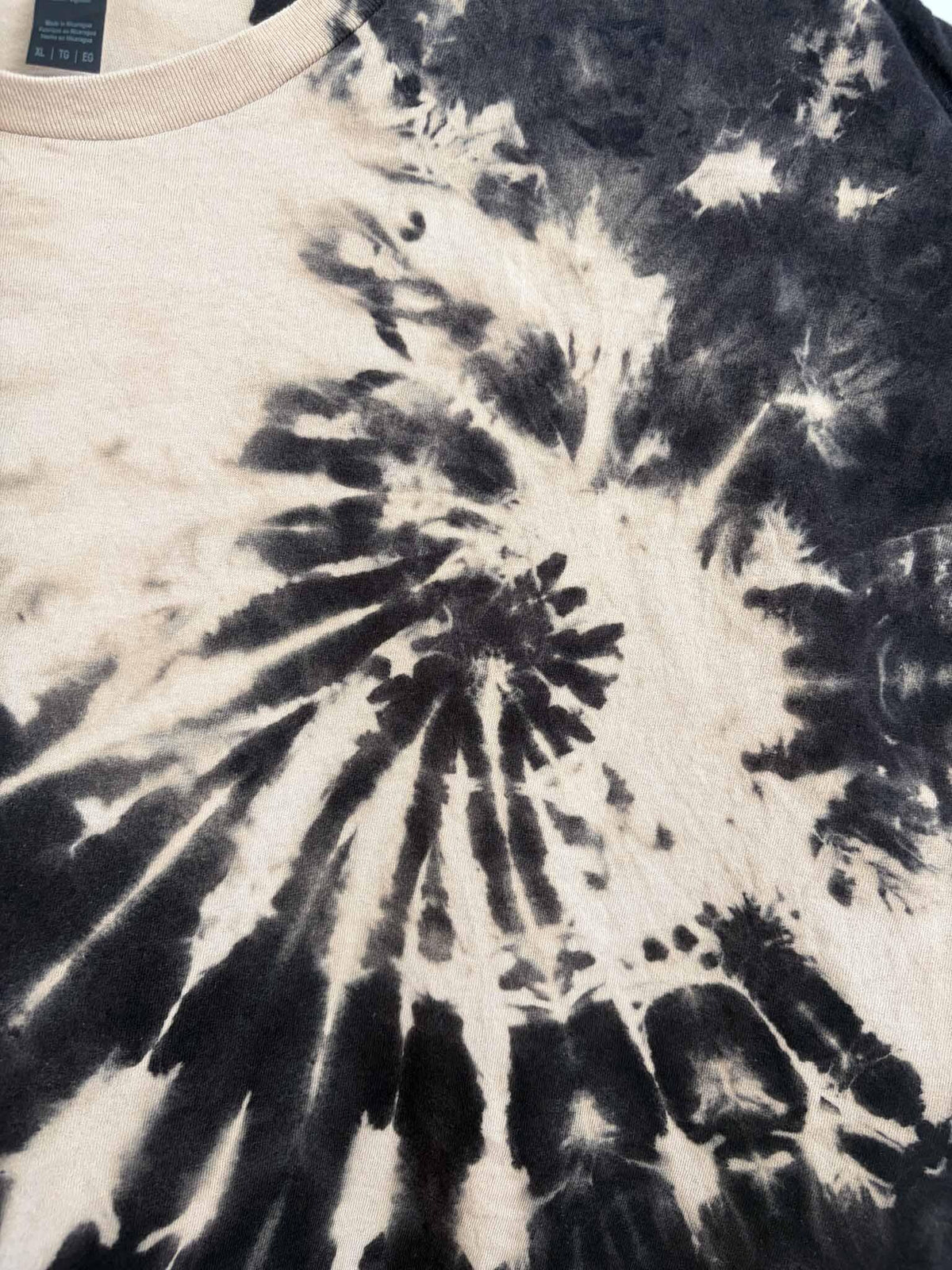 Close-up of spiral center showing black rays radiating on tan base