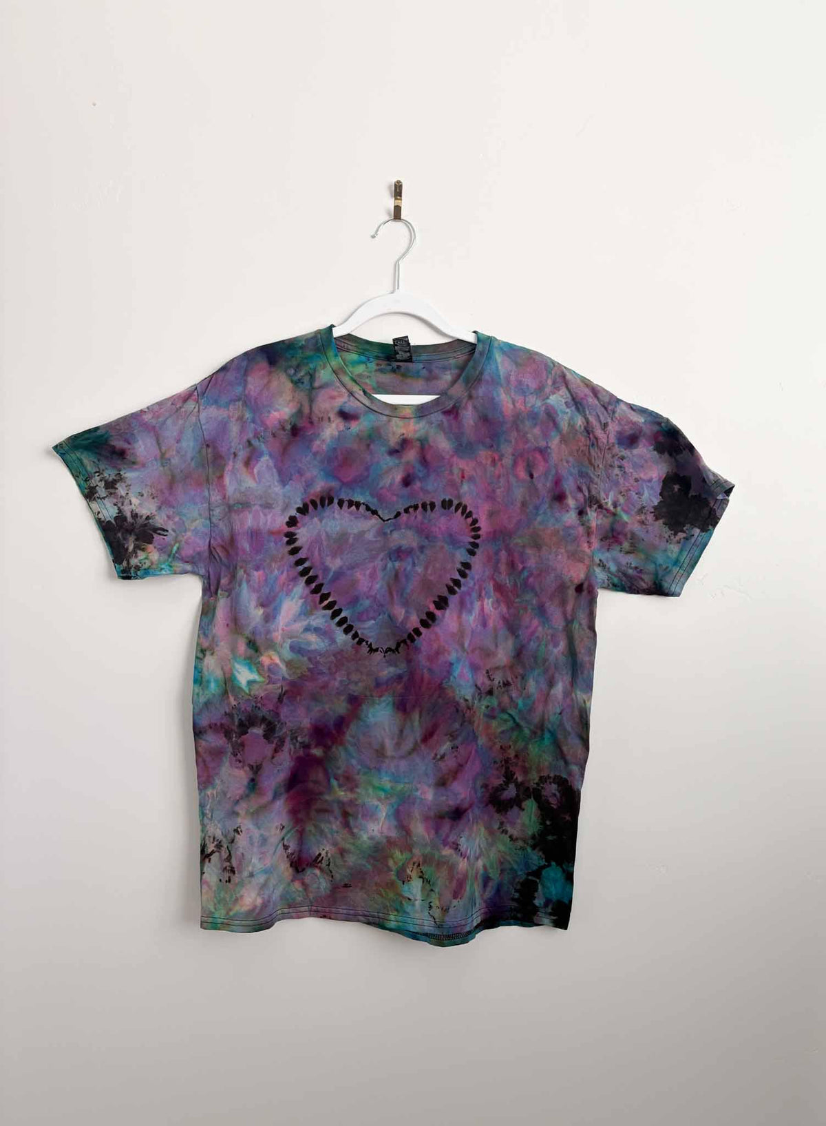 Large Reverse Tie Dye T-Shirt, Purple Pink Teal on Black, Heart Design, Ice Dye Gildan Light Cotton Bleach Dye Tee