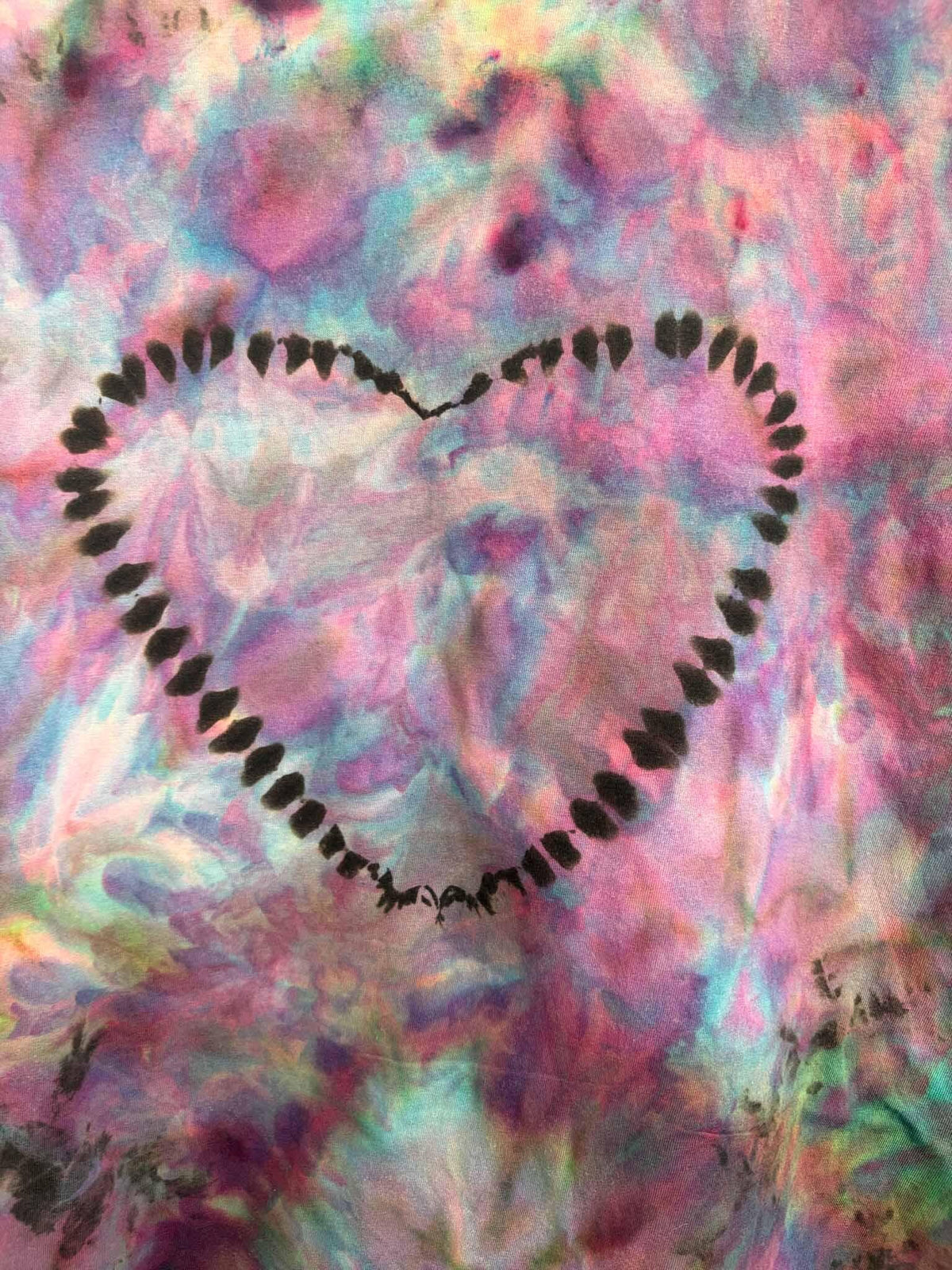 Large Reverse Tie Dye T-Shirt, Purple Pink Teal on Black, Heart Design, Ice Dye Gildan Light Cotton Bleach Dye Tee